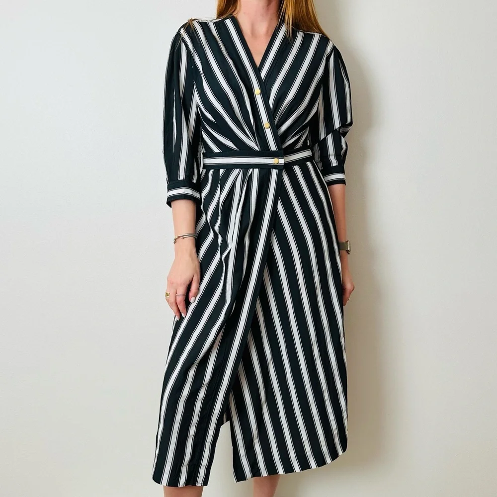 Sandro Carl Black and White Wrap Striped 3/4 Sleeve Midi Dress - Picture 4 of 15